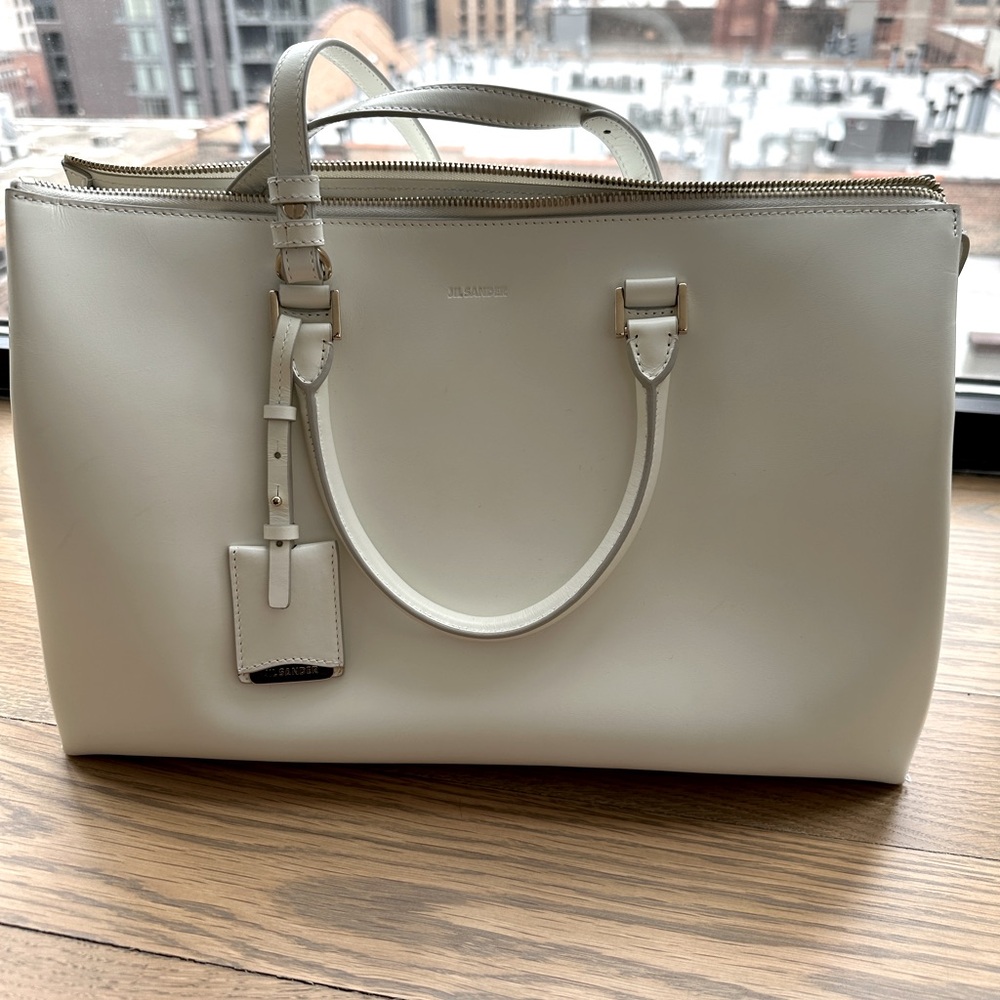 Jill sander white ostrich  Leather Tote Bag used once